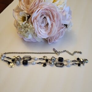 Chico's Long Necklace Black Confetti  Oval Glass Beads Silverplated Jewelry 36"